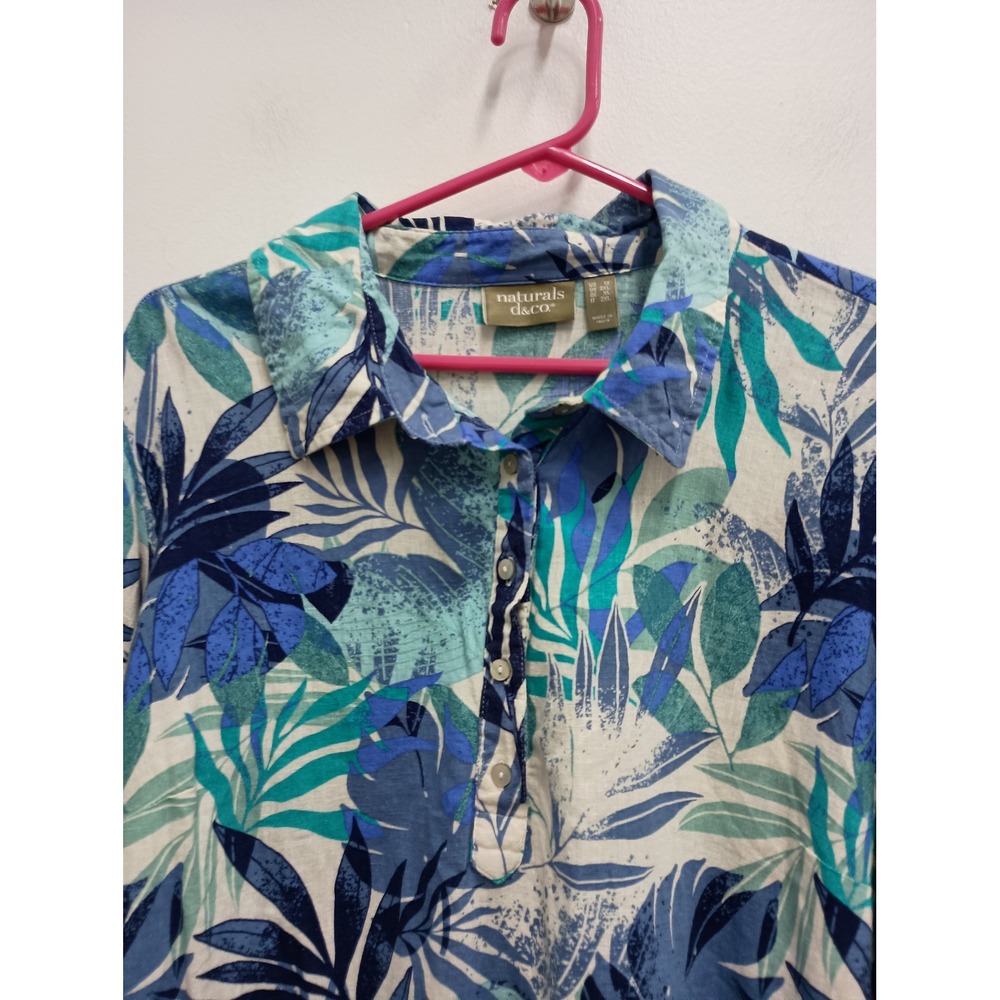 Naturals d&co Button Up Shirt Womens 1X Blue Tropical Linen Blend Coastal - Picture 2 of 10